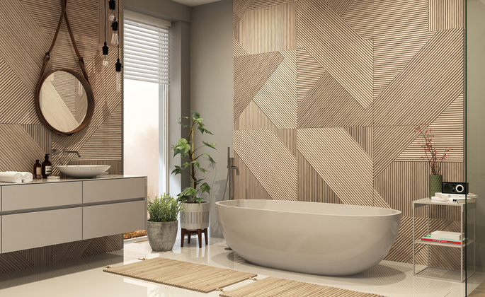 Banheiro moderno com revestimento em madeira - CIMA